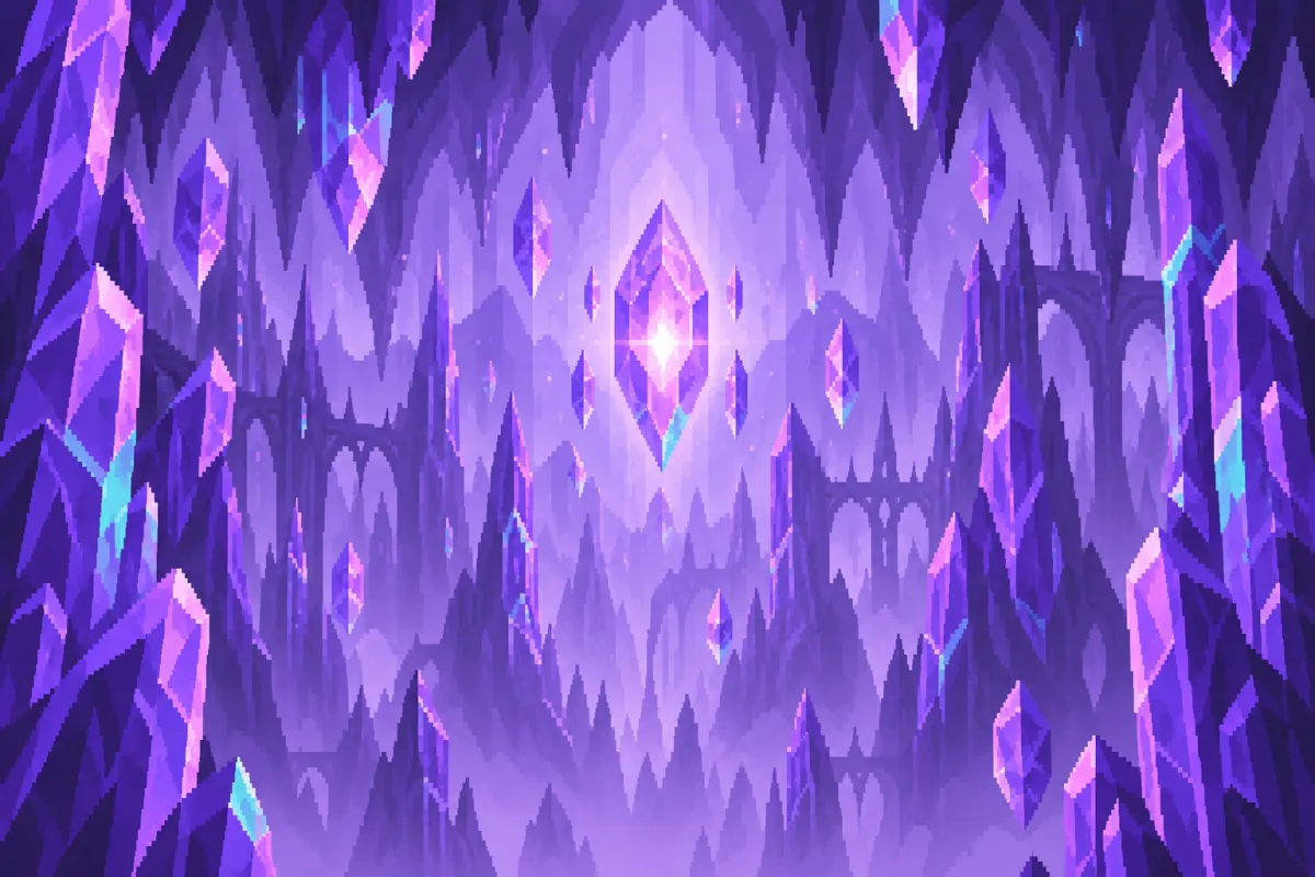 The Crystal Cathedral: towering violet crystals.