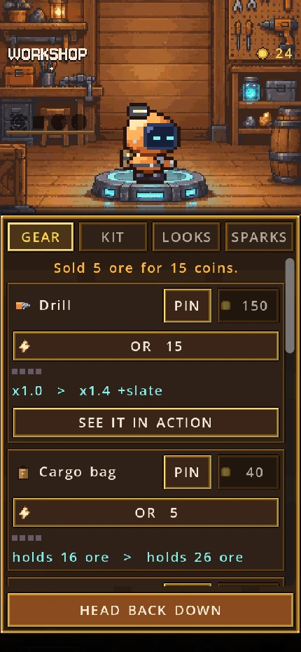 The workshop upgrade screen, with the lamp upgrade pinned as a goal.